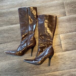 Brown leather pointed toe high heel boots 36